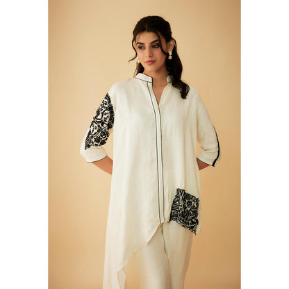 1999AD White Chanderi Tribal Embroidery Kurti with Pant (Set of 2)