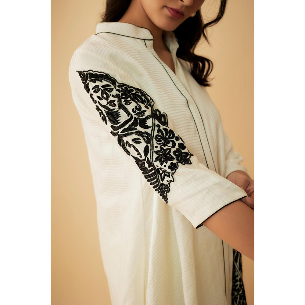 1999AD White Chanderi Tribal Embroidery Kurti with Pant (Set of 2)