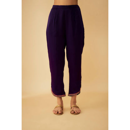 1999AD Purple Organza Colourful Thread Embroidery Asymmetrical Kurti with Pant (Set of 2)