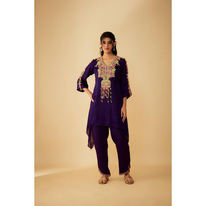 1999AD Purple Organza Colourful Thread Embroidery Asymmetrical Kurti with Pant (Set of 2)