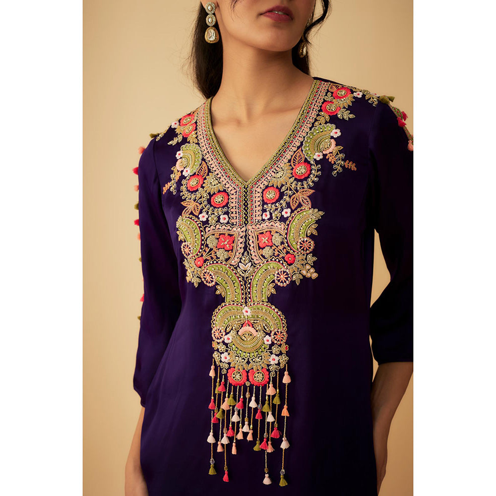 1999AD Purple Organza Colourful Thread Embroidery Asymmetrical Kurti with Pant (Set of 2)