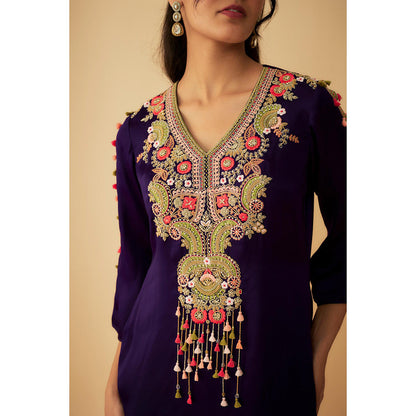 1999AD Purple Organza Colourful Thread Embroidery Asymmetrical Kurti with Pant (Set of 2)