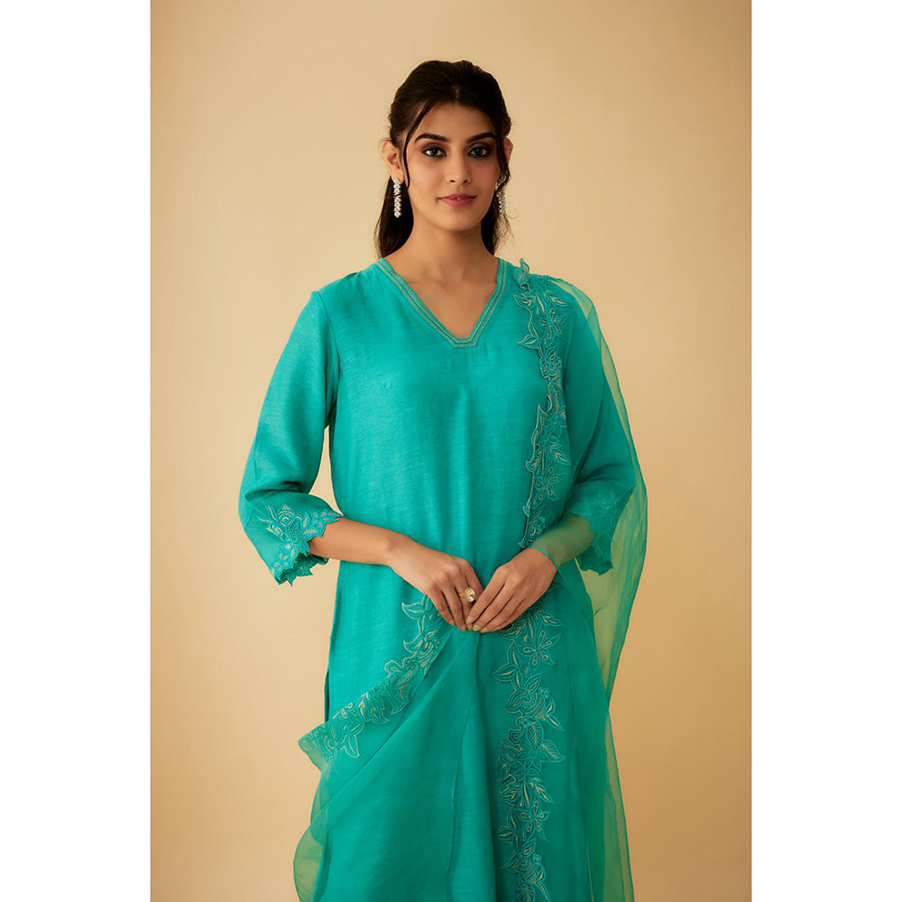 1999AD Green Linen Silk Applique Embroidery Kurta with Pant and Dupatta (Set of 3)