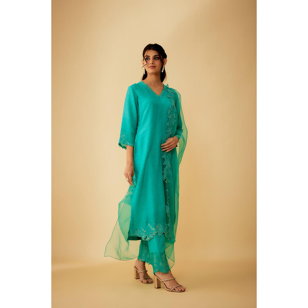 1999AD Green Linen Silk Applique Embroidery Kurta with Pant and Dupatta (Set of 3)