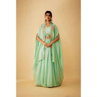 1999AD Green Organza Embroidery Jacket with Stitched Blouse and Lehenga (Set of 3)