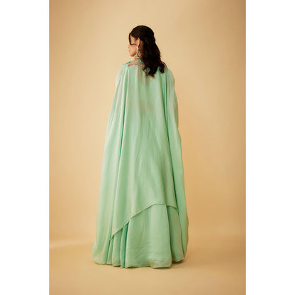 1999AD Green Organza Embroidery Jacket with Stitched Blouse and Lehenga (Set of 3)