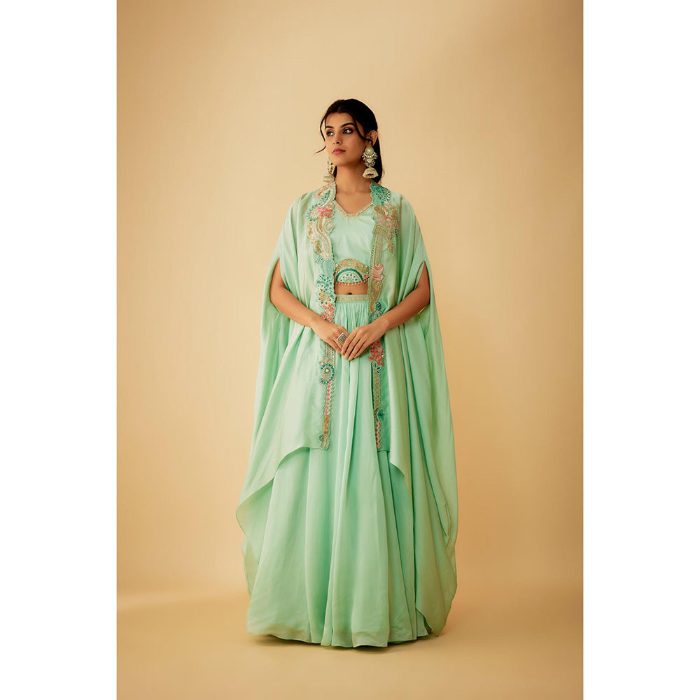 1999AD Green Organza Embroidery Jacket with Stitched Blouse and Lehenga (Set of 3)
