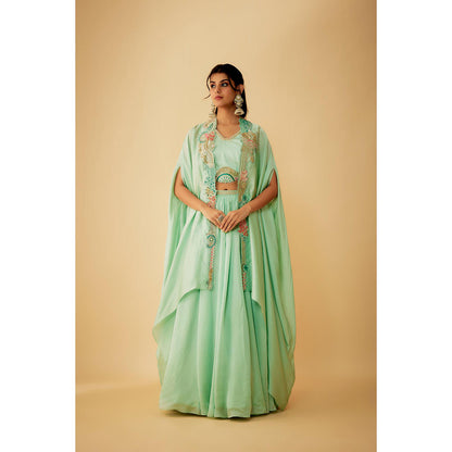 1999AD Green Organza Embroidery Jacket with Stitched Blouse and Lehenga (Set of 3)