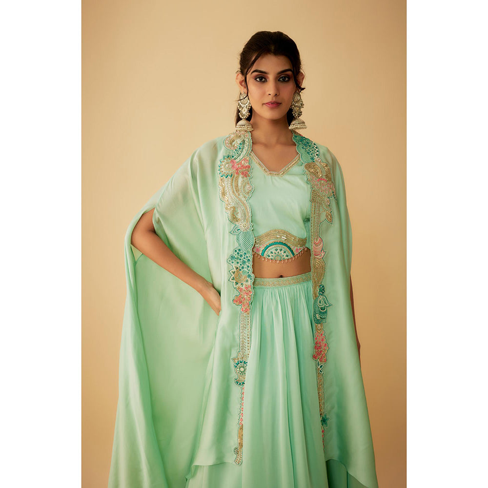 1999AD Green Organza Embroidery Jacket with Stitched Blouse and Lehenga (Set of 3)