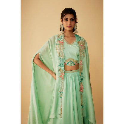 1999AD Green Organza Embroidery Jacket with Stitched Blouse and Lehenga (Set of 3)