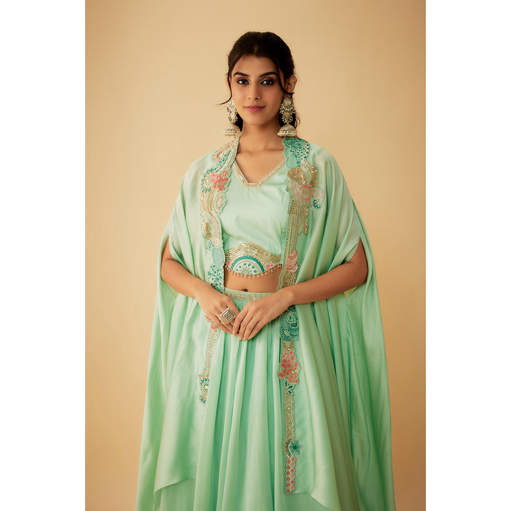 1999AD Green Organza Embroidery Jacket with Stitched Blouse and Lehenga (Set of 3)
