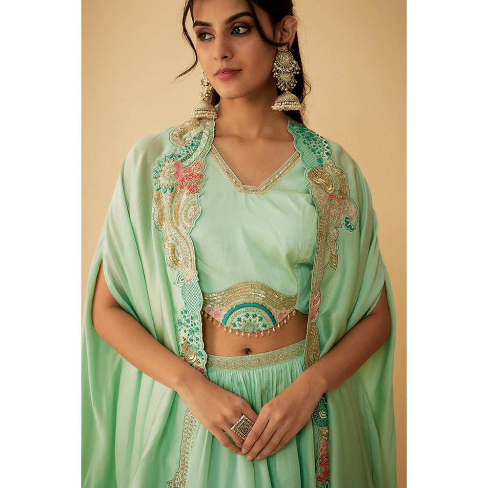 1999AD Green Organza Embroidery Jacket with Stitched Blouse and Lehenga (Set of 3)