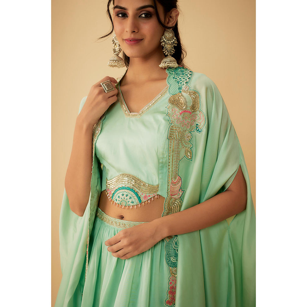 1999AD Green Organza Embroidery Jacket with Stitched Blouse and Lehenga (Set of 3)
