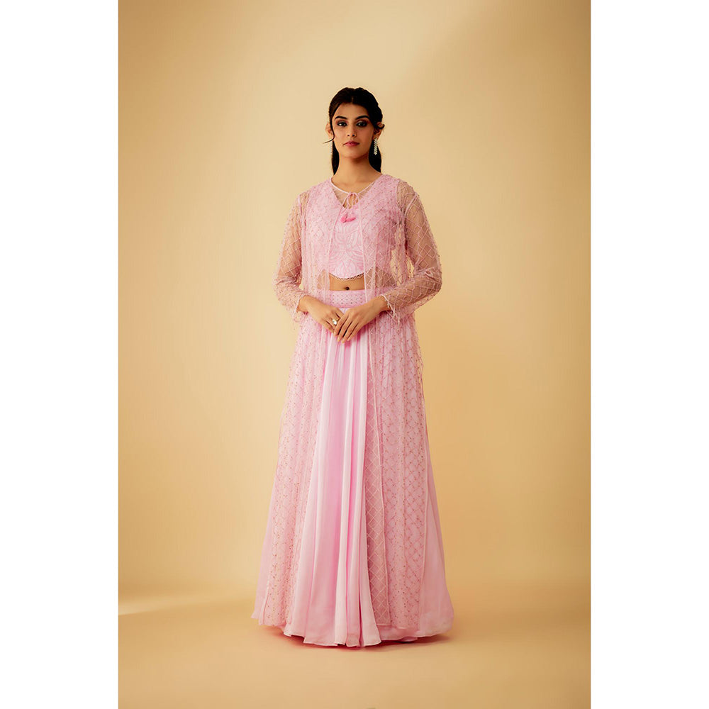 1999AD Onion Pink Jacket with Embroidered Stitched Blouse and Lehenga (Set of 3)