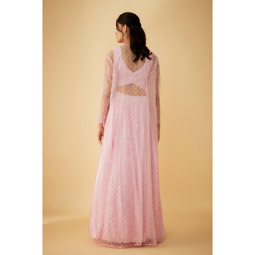 1999AD Onion Pink Jacket with Embroidered Stitched Blouse and Lehenga (Set of 3)