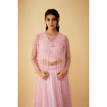 1999AD Onion Pink Jacket with Embroidered Stitched Blouse and Lehenga (Set of 3)