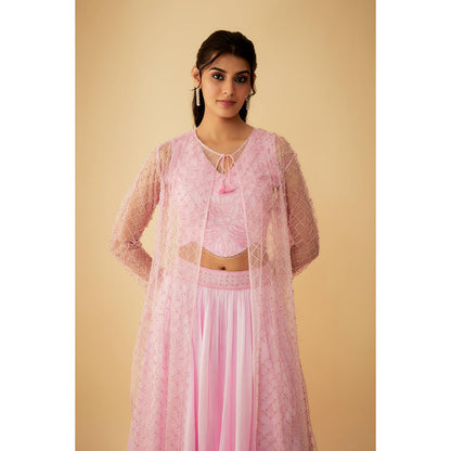 1999AD Onion Pink Jacket with Embroidered Stitched Blouse and Lehenga (Set of 3)