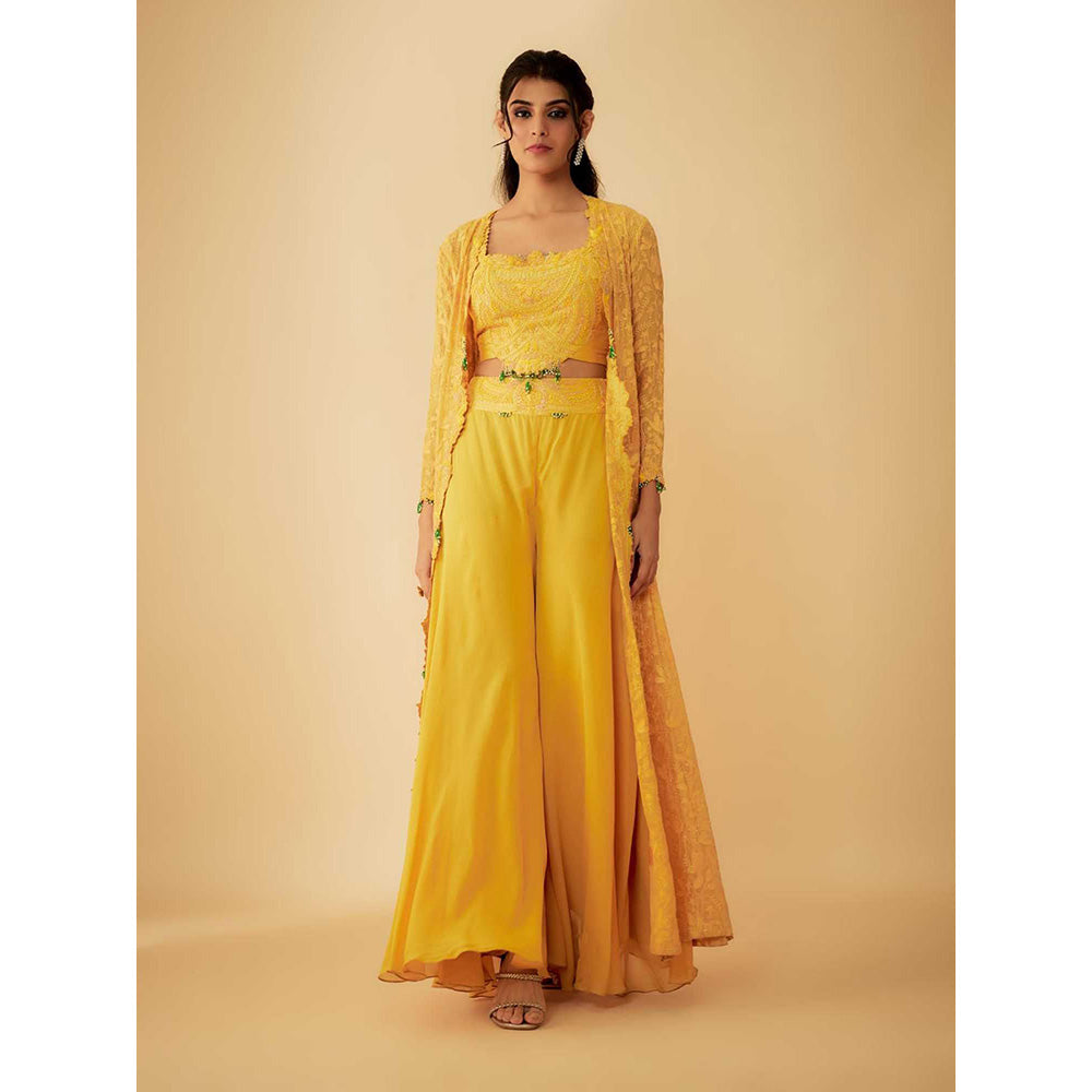 1999AD Organza Yellow Embroidered Jacket with Crop Top and Sharara (Set of 3)