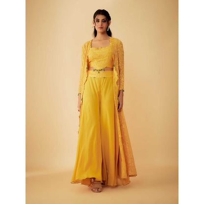 1999AD Organza Yellow Embroidered Jacket with Crop Top and Sharara (Set of 3)
