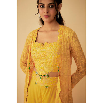 1999AD Organza Yellow Embroidered Jacket with Crop Top and Sharara (Set of 3)