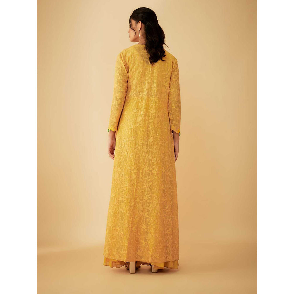 1999AD Organza Yellow Embroidered Jacket with Crop Top and Sharara (Set of 3)