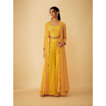 1999AD Organza Yellow Embroidered Jacket with Crop Top and Sharara (Set of 3)