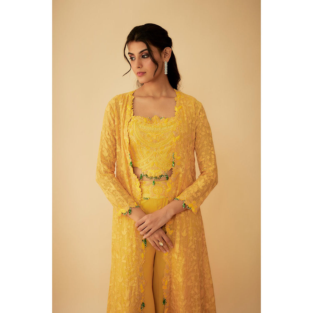 1999AD Organza Yellow Embroidered Jacket with Crop Top and Sharara (Set of 3)
