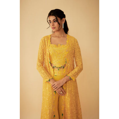 1999AD Organza Yellow Embroidered Jacket with Crop Top and Sharara (Set of 3)