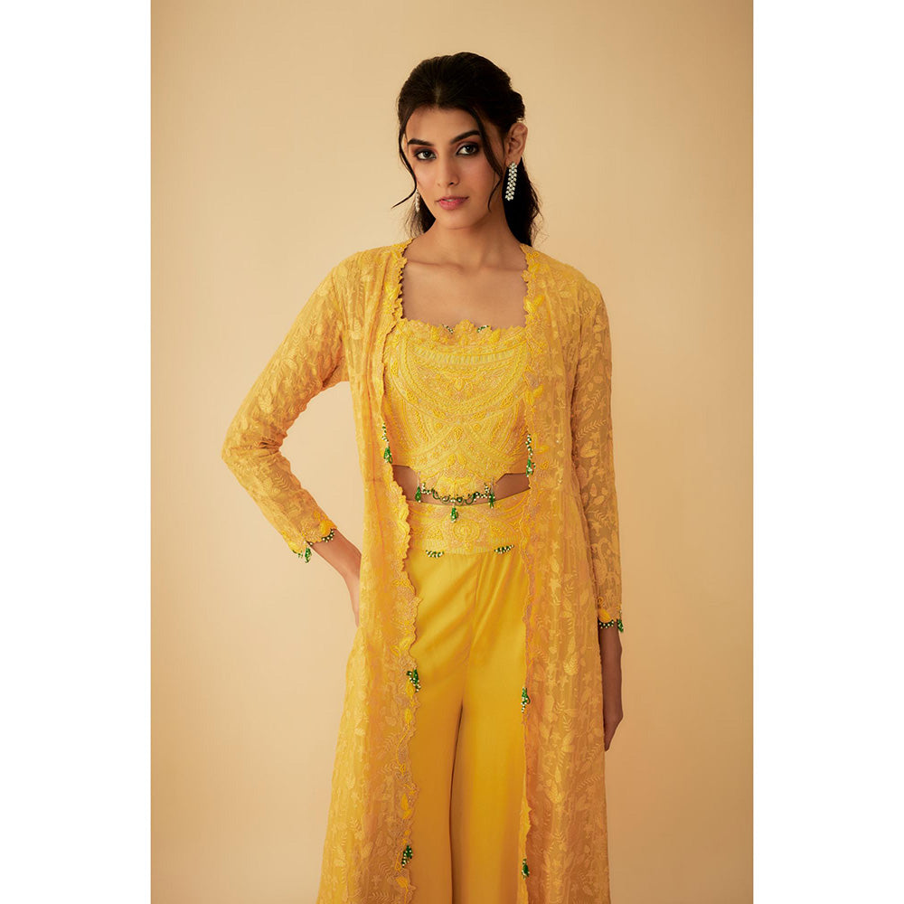 1999AD Organza Yellow Embroidered Jacket with Crop Top and Sharara (Set of 3)
