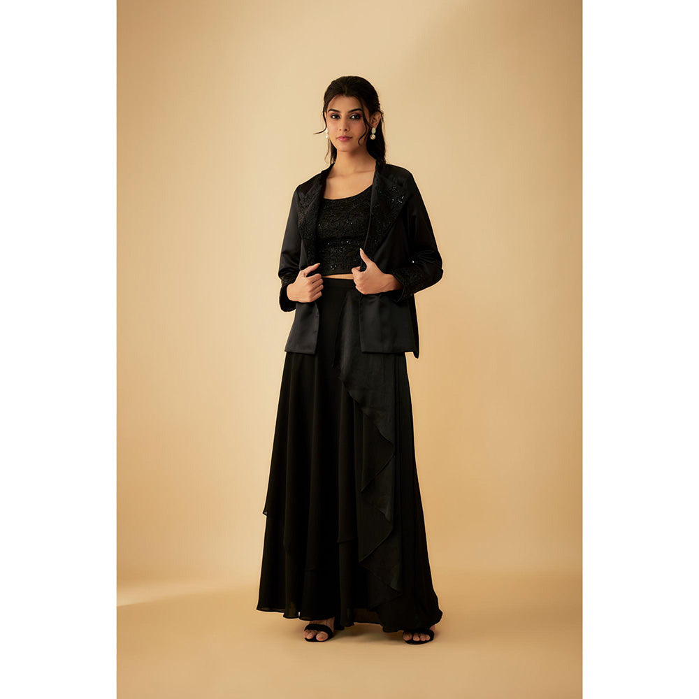 1999AD Black Embroidered Jacket With Stitched Blouse And A Drape Lehenga (Set of 3)