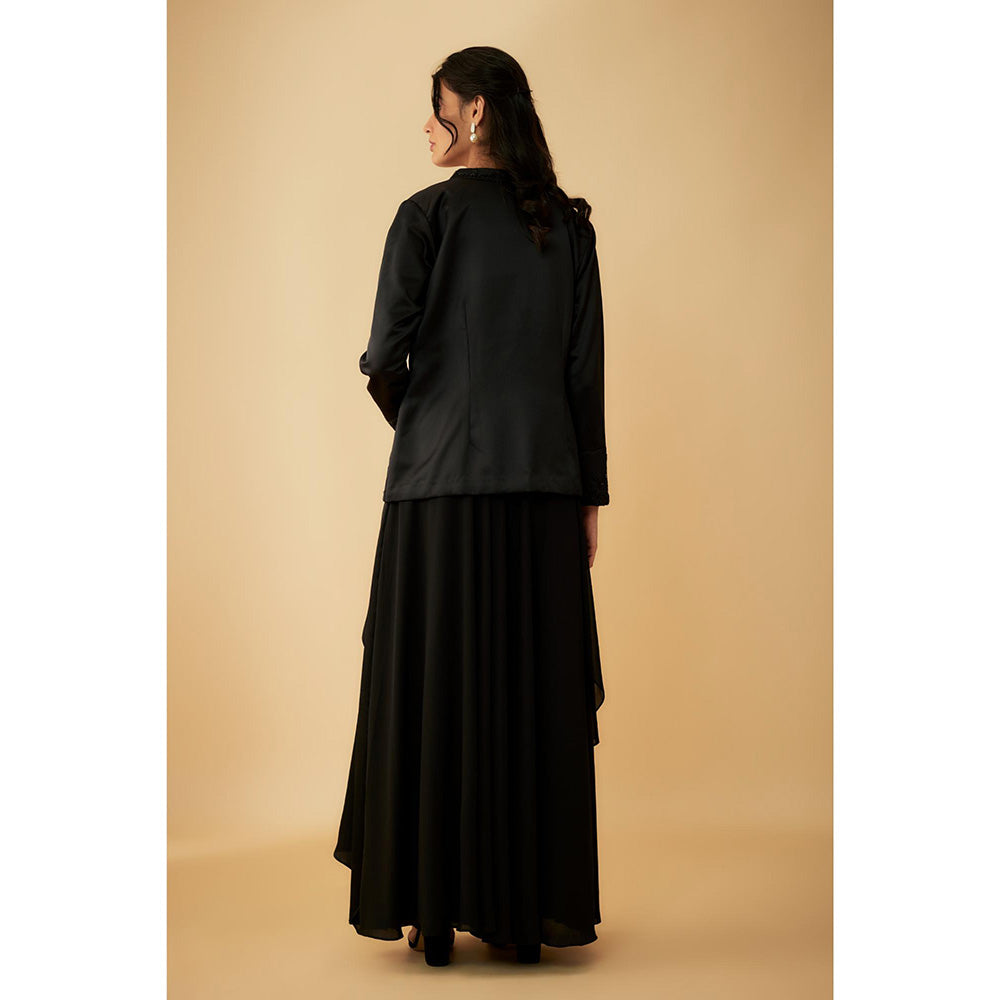 1999AD Black Embroidered Jacket With Stitched Blouse And A Drape Lehenga (Set of 3)