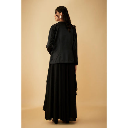 1999AD Black Embroidered Jacket With Stitched Blouse And A Drape Lehenga (Set of 3)
