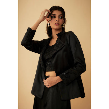 1999AD Black Embroidered Jacket With Stitched Blouse And A Drape Lehenga (Set of 3)