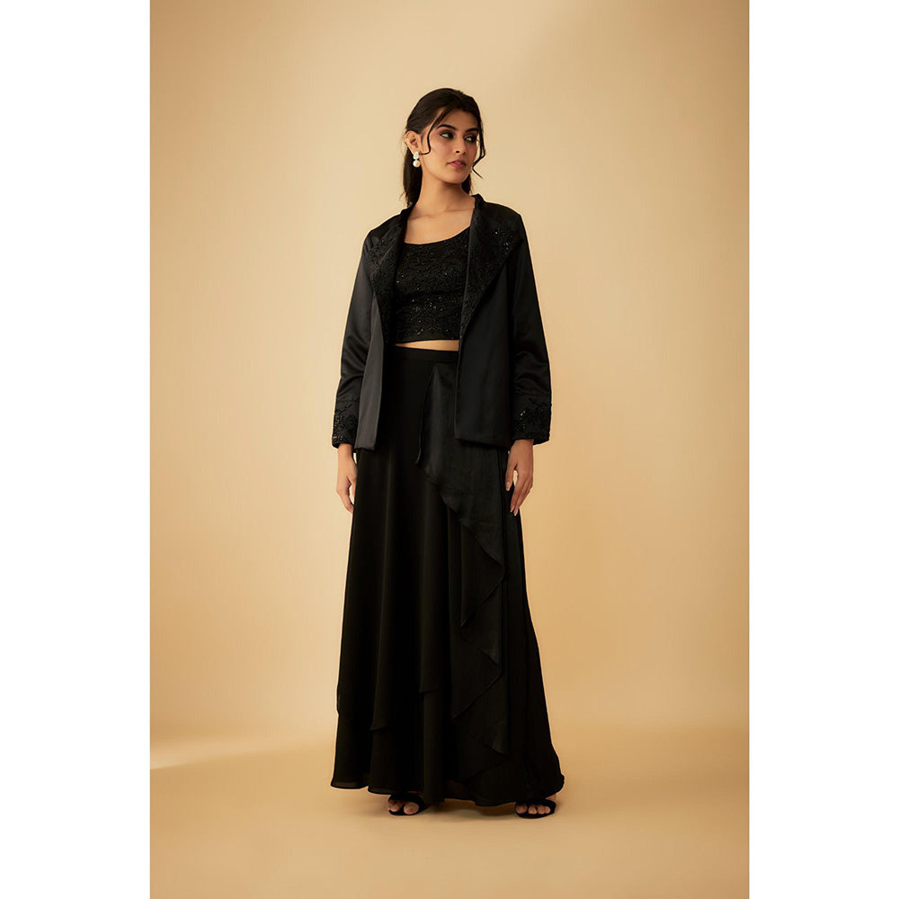 1999AD Black Embroidered Jacket With Stitched Blouse And A Drape Lehenga (Set of 3)