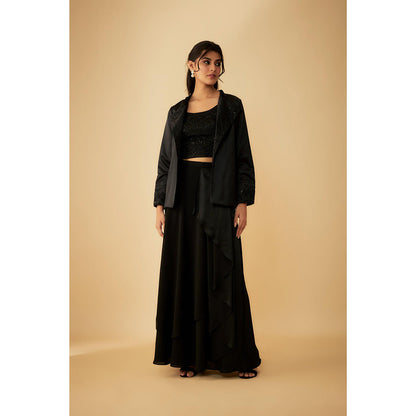 1999AD Black Embroidered Jacket With Stitched Blouse And A Drape Lehenga (Set of 3)