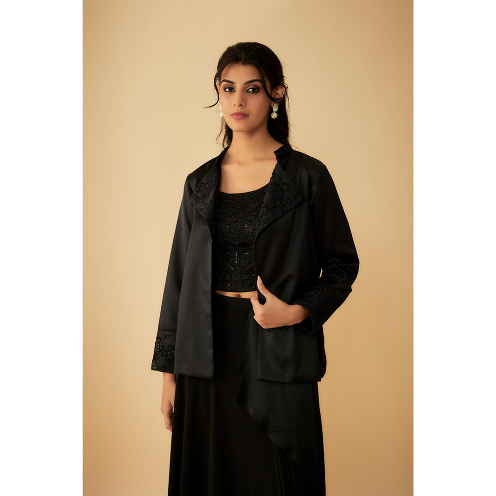 1999AD Black Embroidered Jacket With Stitched Blouse And A Drape Lehenga (Set of 3)