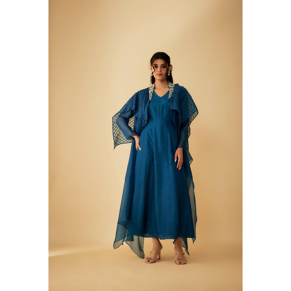 1999AD Teal Organza Textured Detailing And Embroidery Gown with Jacket (Set of 2)