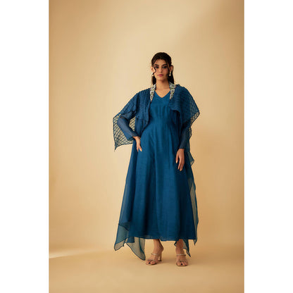 1999AD Teal Organza Textured Detailing And Embroidery Gown with Jacket (Set of 2)