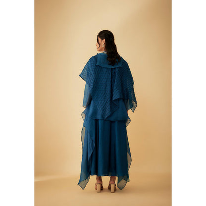 1999AD Teal Organza Textured Detailing And Embroidery Gown with Jacket (Set of 2)