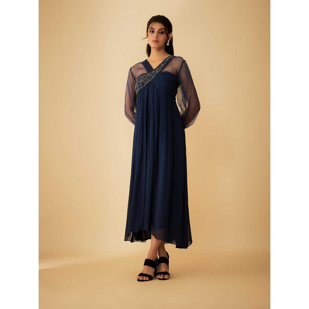 1999AD Navy Blue Georgette Embroidery On Collar Gown