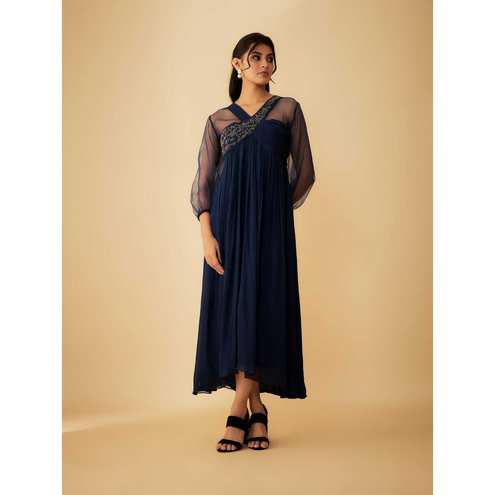 1999AD Navy Blue Georgette Embroidery On Collar Gown