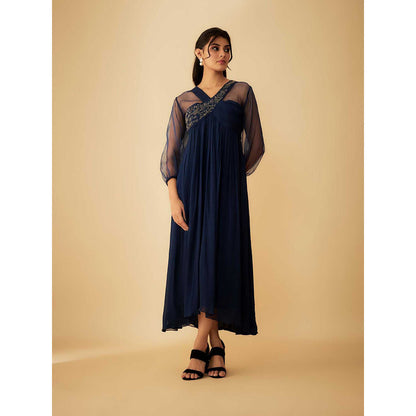 1999AD Navy Blue Georgette Embroidery On Collar Gown