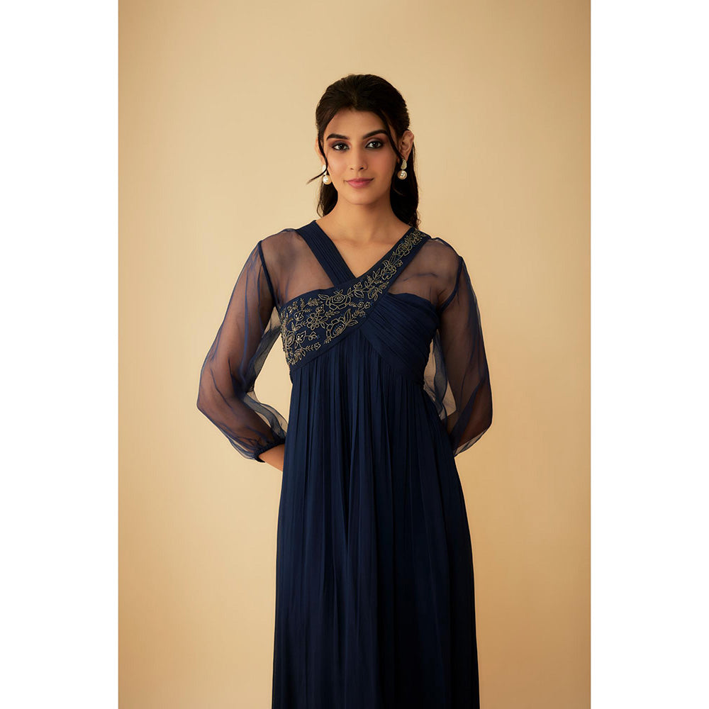 1999AD Navy Blue Georgette Embroidery On Collar Gown
