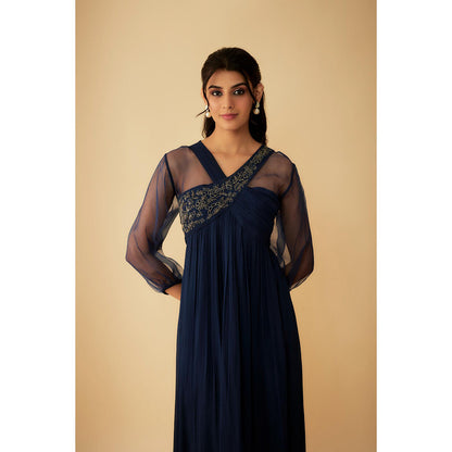 1999AD Navy Blue Georgette Embroidery On Collar Gown