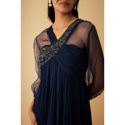1999AD Navy Blue Georgette Embroidery On Collar Gown