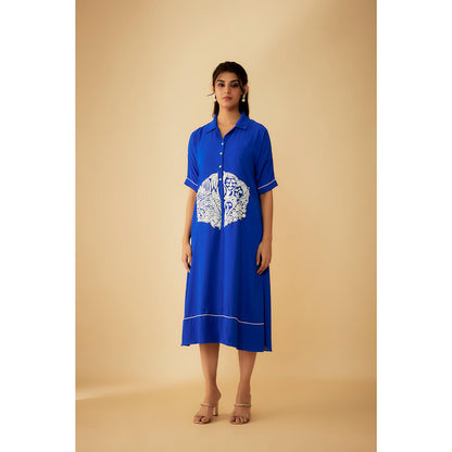 1999AD Royal Blue Georgette White Applique Embroidery Dress with Inner (Set of 2)