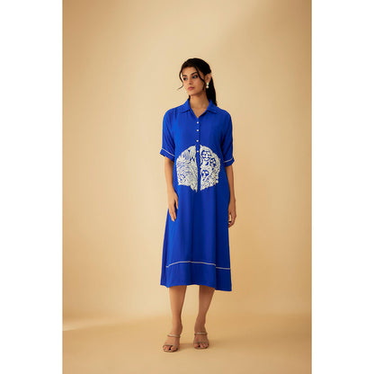 1999AD Royal Blue Georgette White Applique Embroidery Dress with Inner (Set of 2)