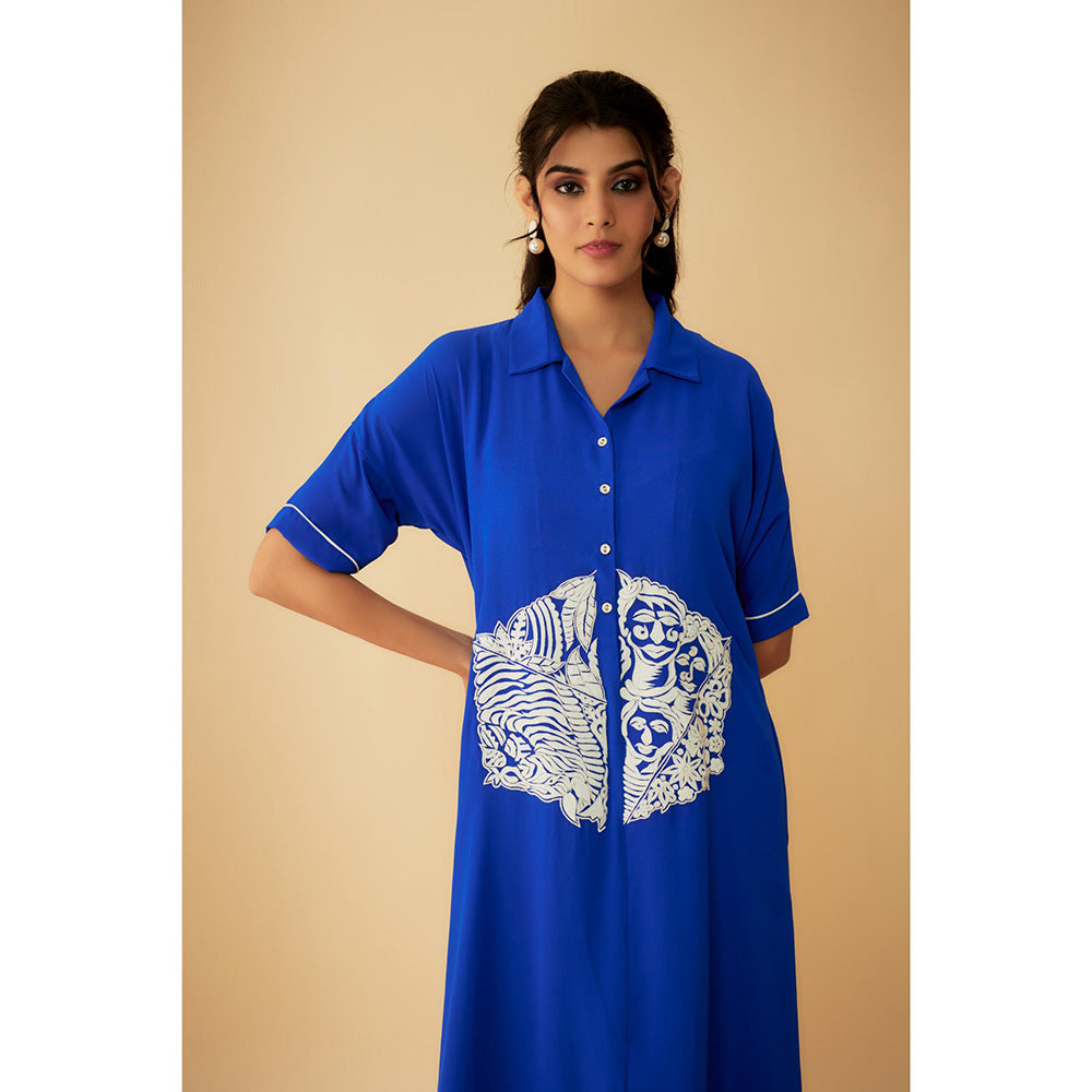 1999AD Royal Blue Georgette White Applique Embroidery Dress with Inner (Set of 2)