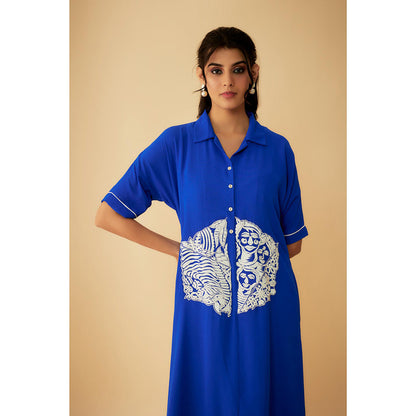 1999AD Royal Blue Georgette White Applique Embroidery Dress with Inner (Set of 2)