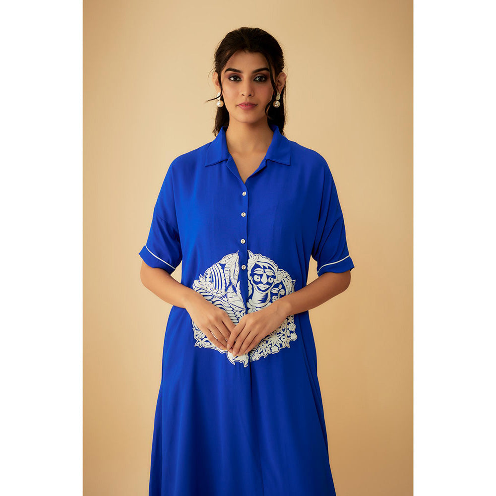 1999AD Royal Blue Georgette White Applique Embroidery Dress with Inner (Set of 2)